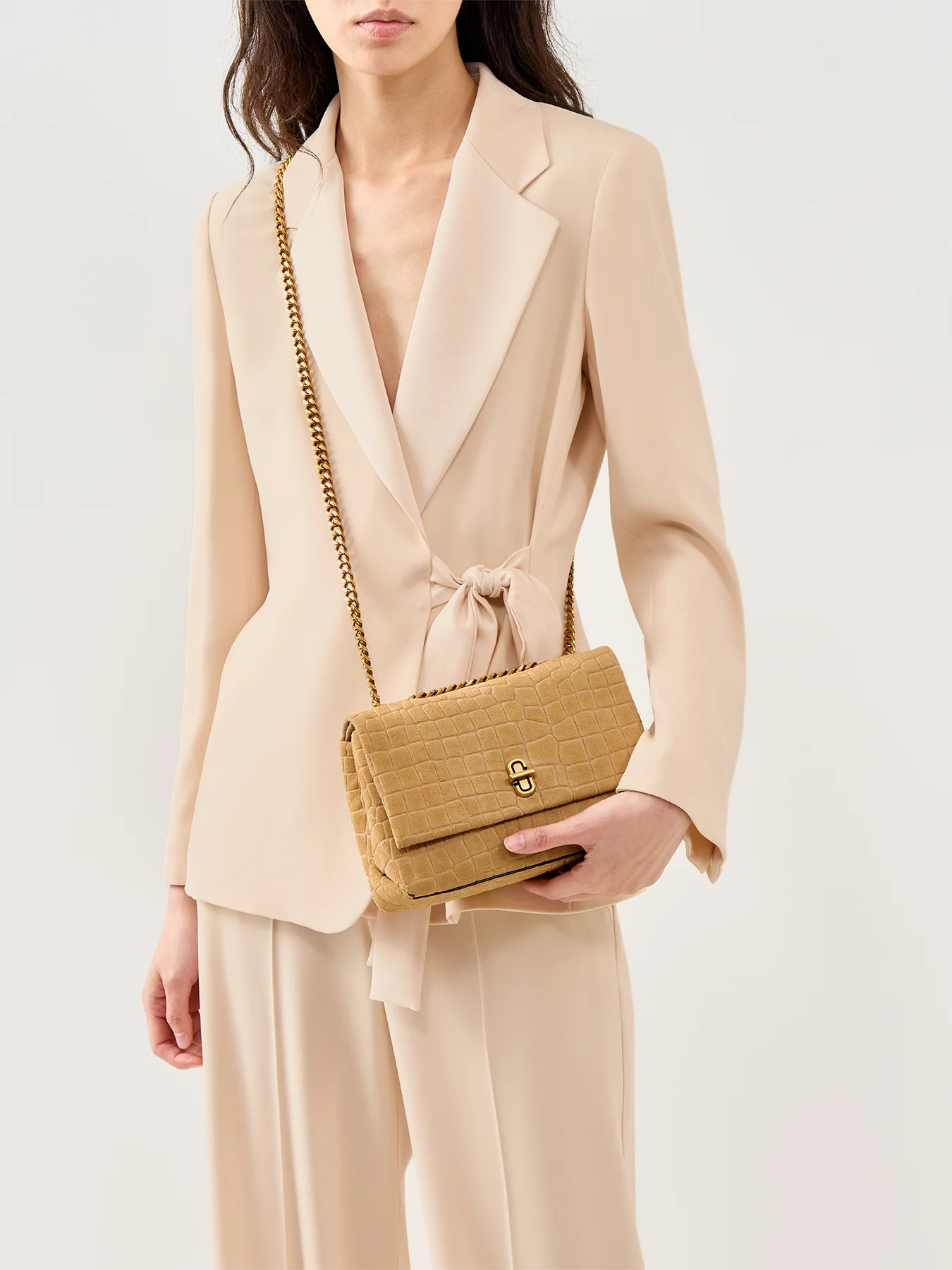 Slim Dual Chain Suede Shoulder Bag Tan - Image 2