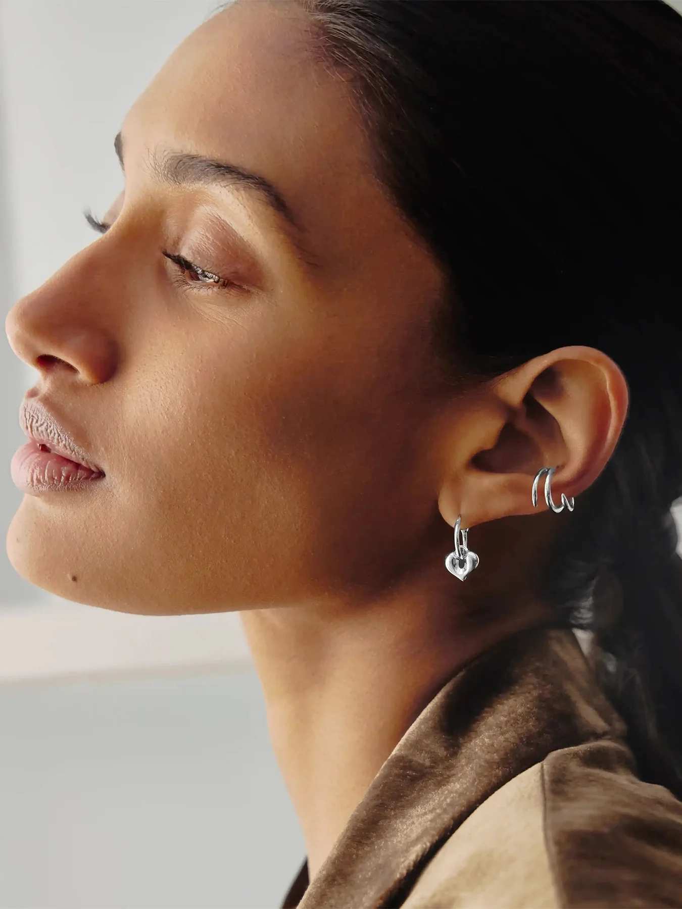 Molten Heart Charm Hoop Earrings Silver - Image 4