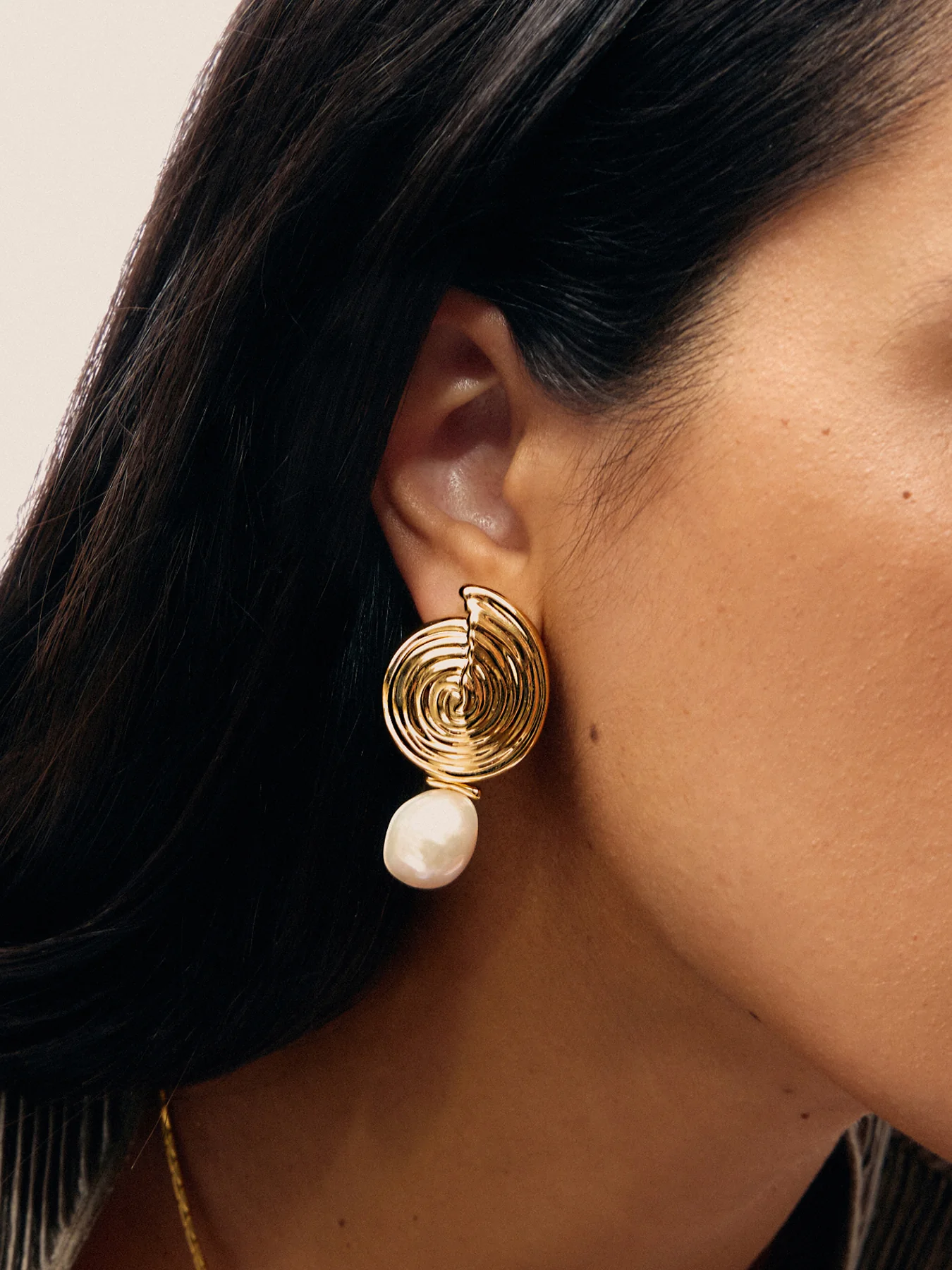 Spiral Pearl Large Drop Earrings Gold - Image 2