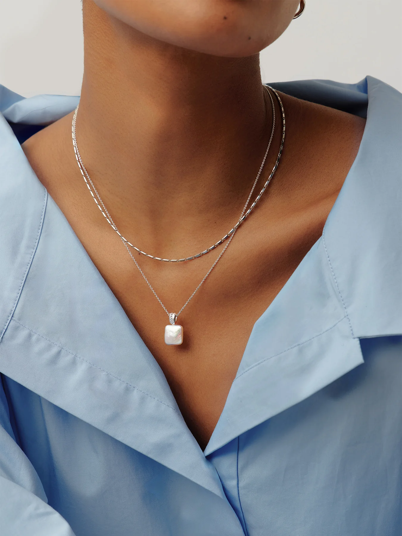 Square Pearl Pendant Necklace Silver - Image 3