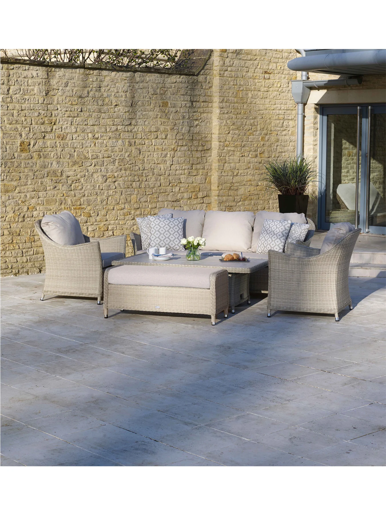 Monterey Rattan 3-Seater Sofa with Dual Height Rectangle Table 2 Armchairs & Bench - Image 2