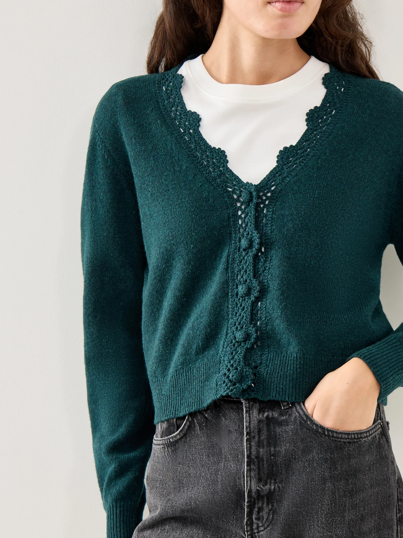 Crochet Trim Knit Cardigan Green - Image 3