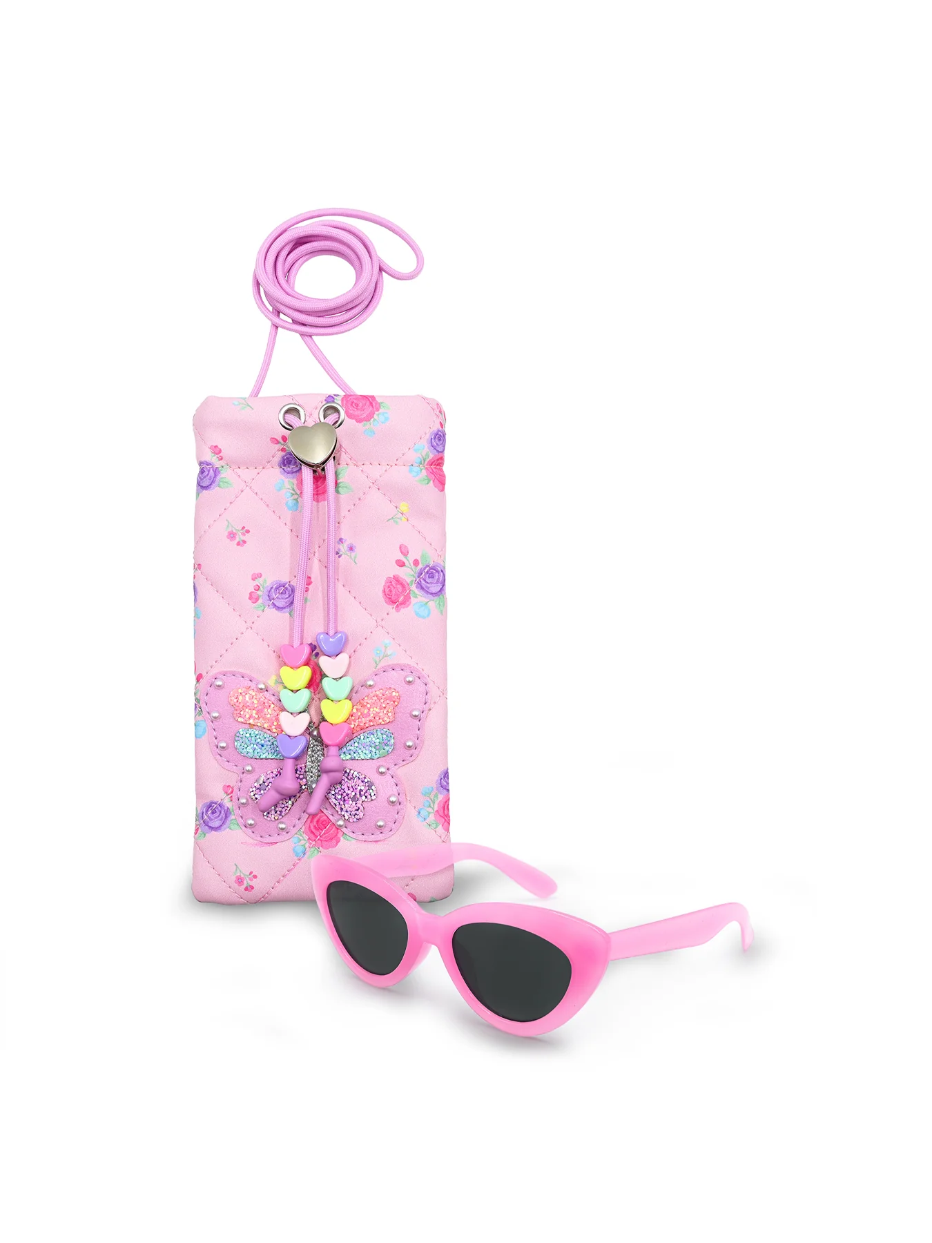Kids' Floral Butterfly Drawstring Case And Sunglasses Set Multi