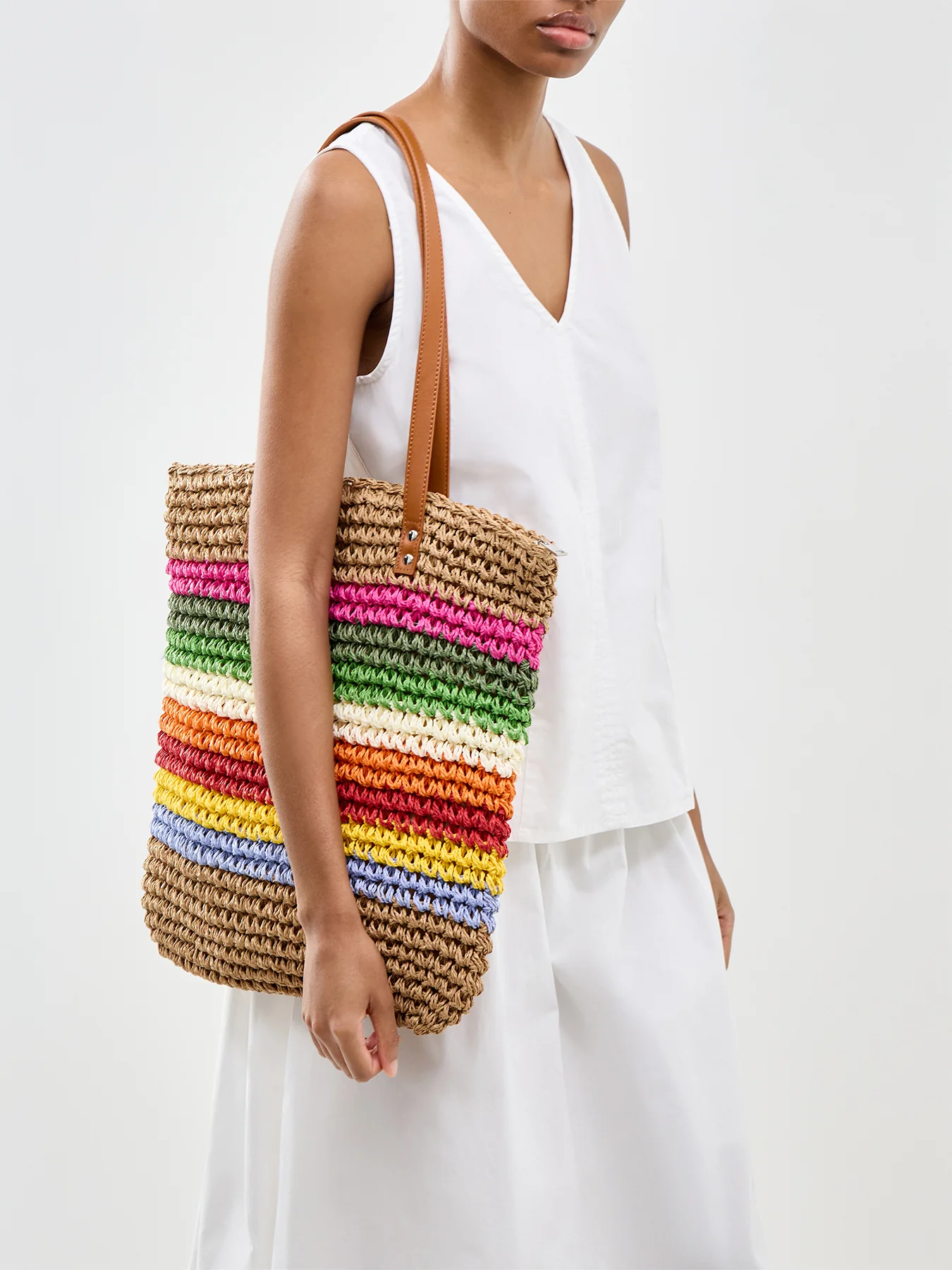 Pckiki Printed Straw Shopper Tote Bag Striped - Image 2