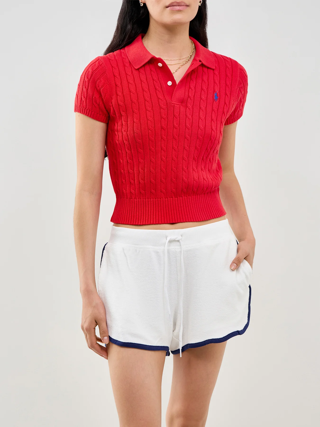 Cable Knit Short Sleeve Polo Red - Image 4