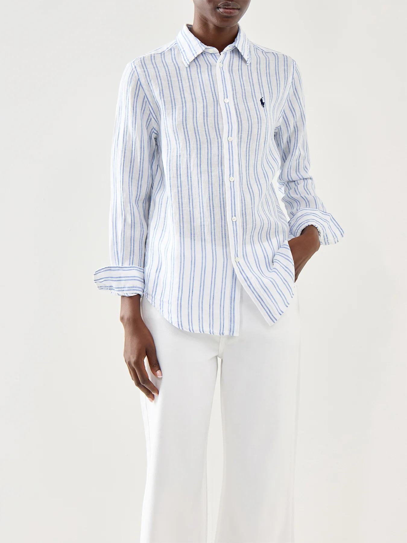 Classic Stripe Long Sleeve Button Front Shirt White Pond Blue - Image 4