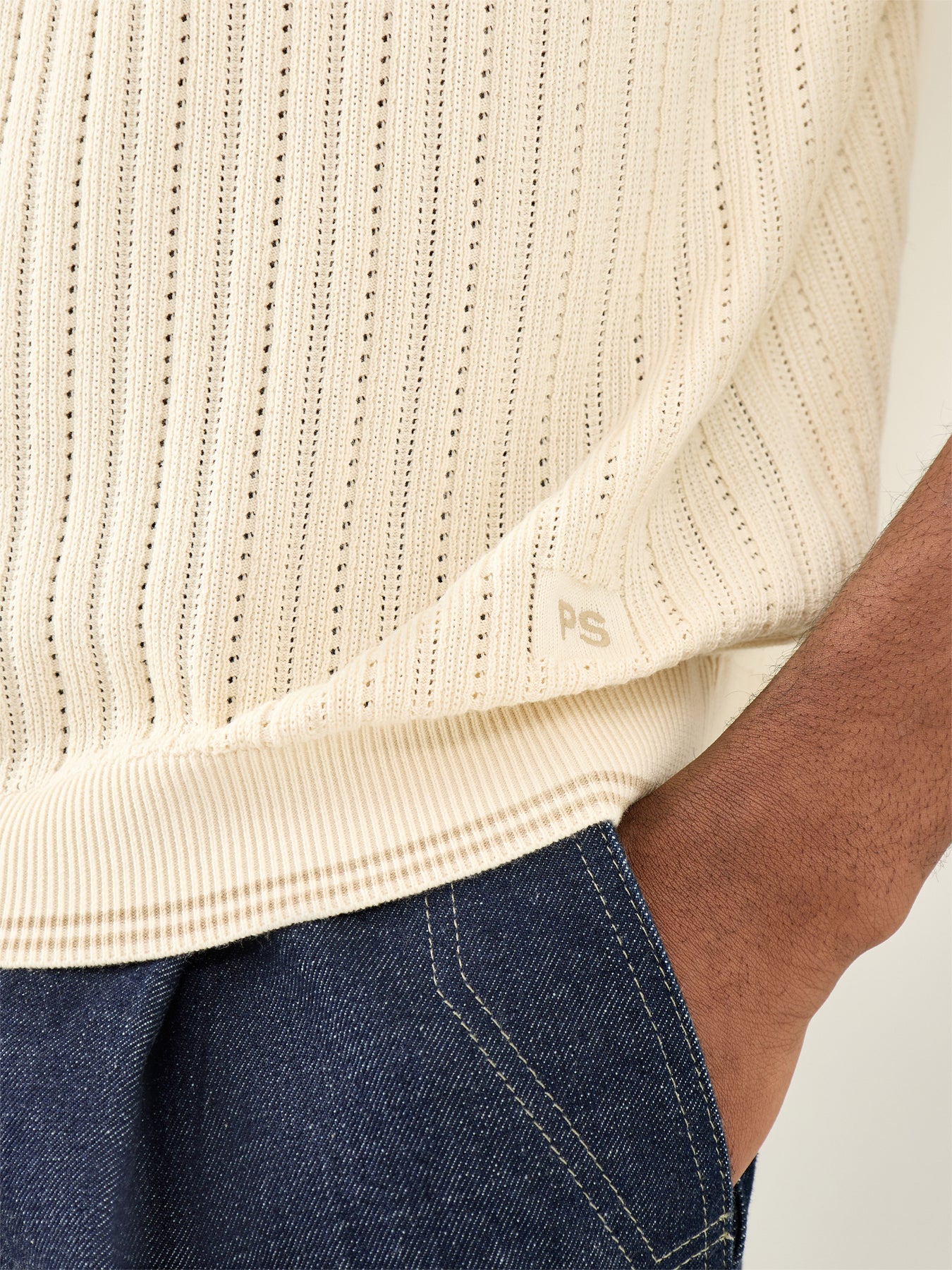 Crochet Knitted Polo Shirt White - Image 3