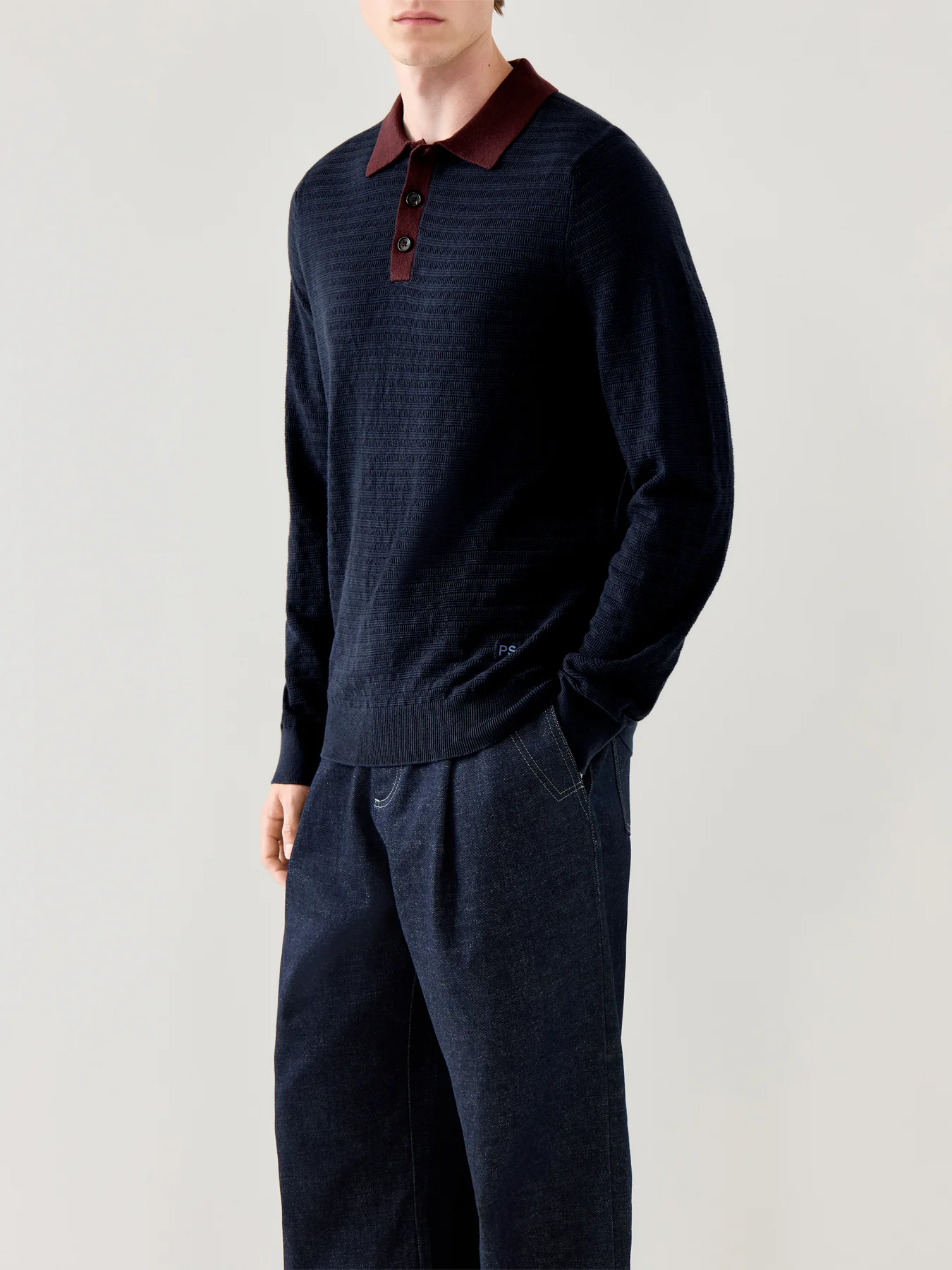 Long Sleeves Cotton Textured Polo Navy - Image 4