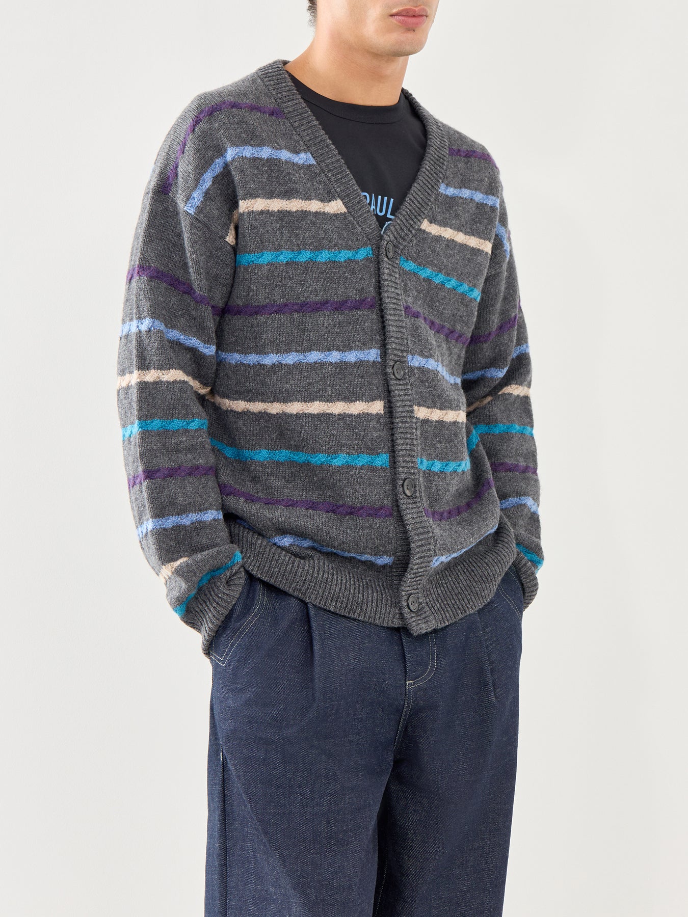 Stripe Wool Cardigan Button Thru Black - Image 4