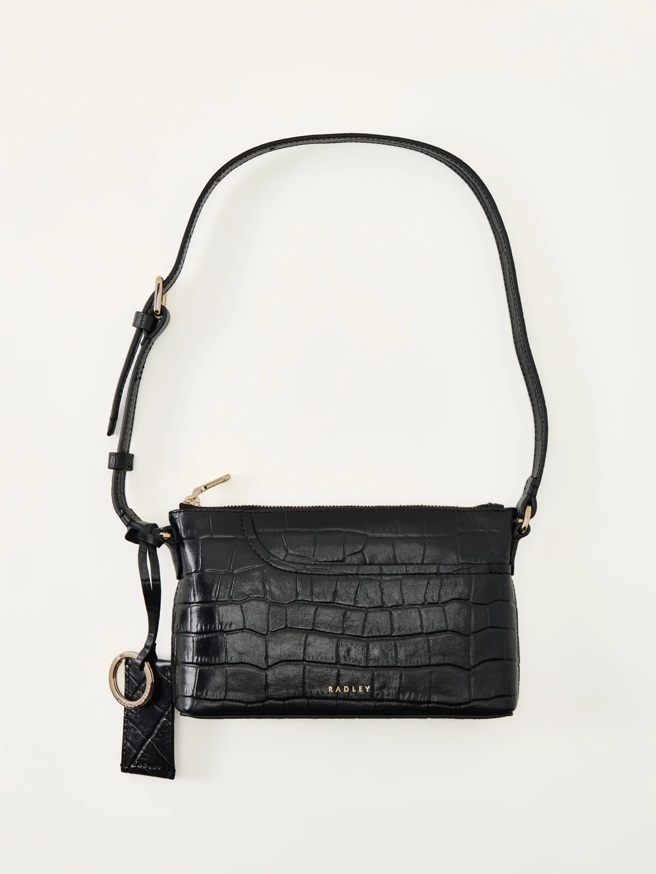 Pockets Faux Croc Mini Zip Top Shoulder Bag Black - Image 4