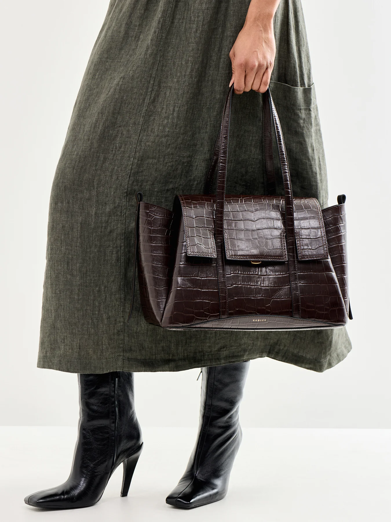 Chancery Faux Croc Medium Flapover Shoulder Bag Dark Oak - Image 2