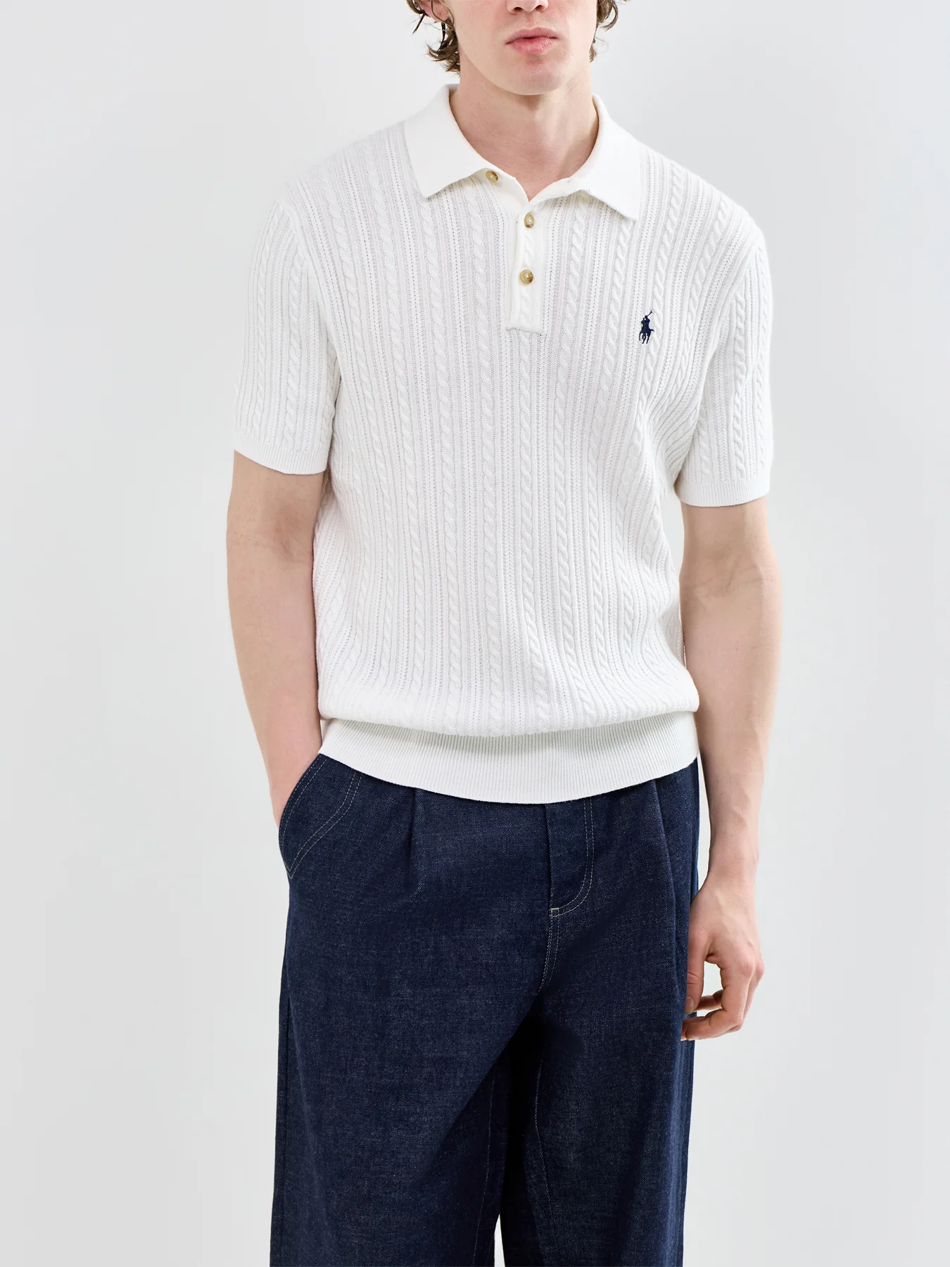 Cable Knit Polo Shirt White - Image 4