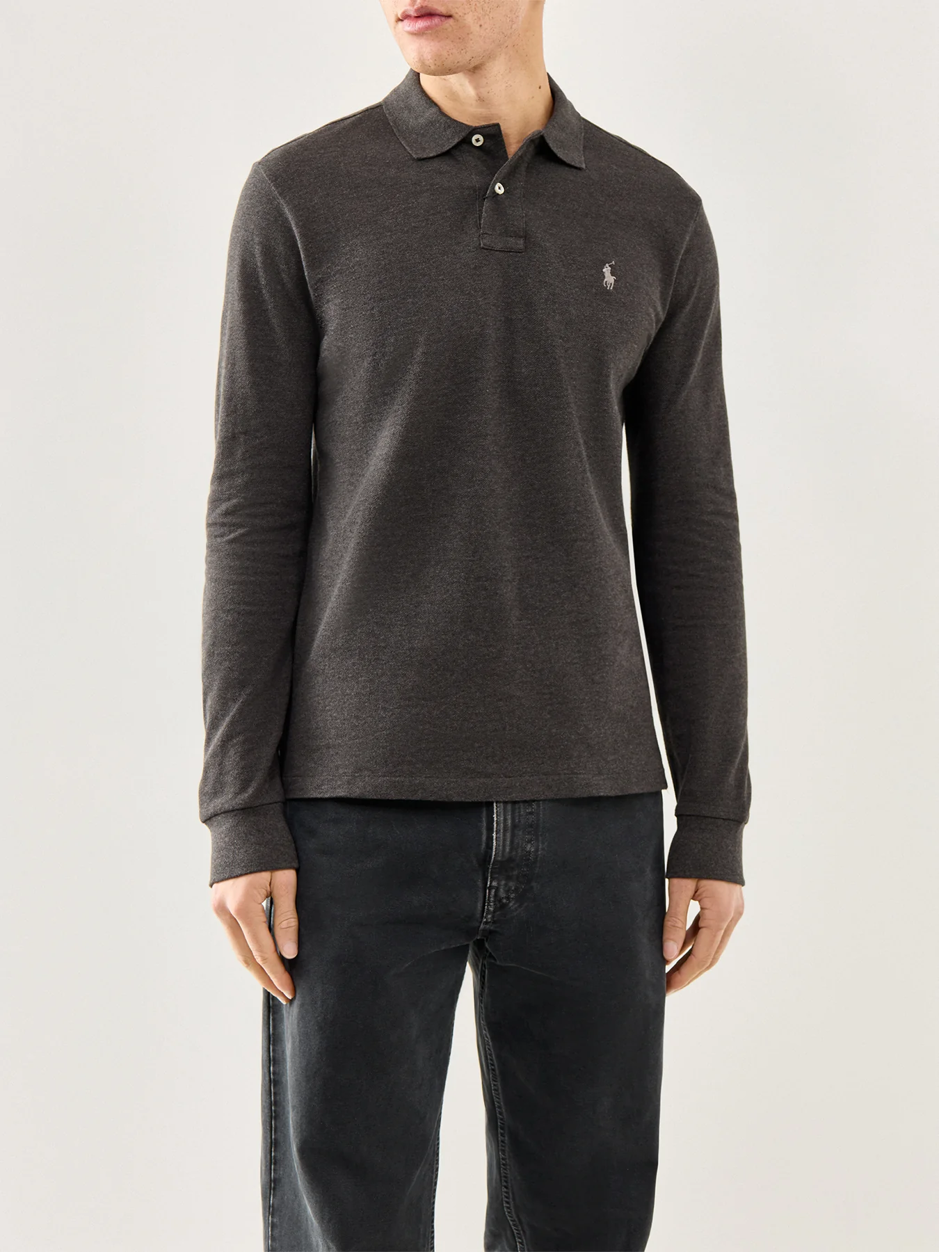 Long Sleeve Custom Fit Polo Top Grey - Image 4