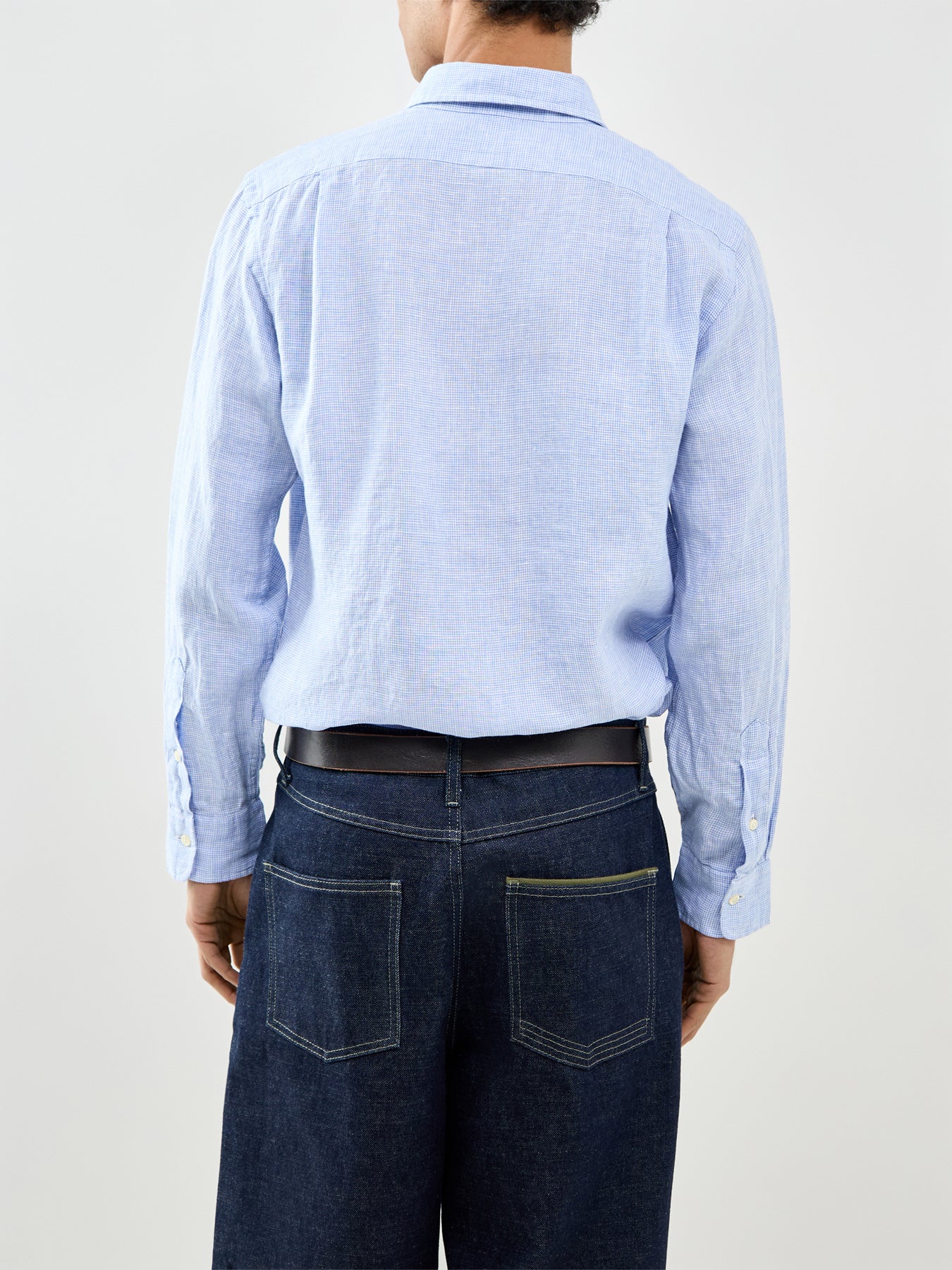 Custom Fit Micro Check Linen Shirt Blue - Image 5