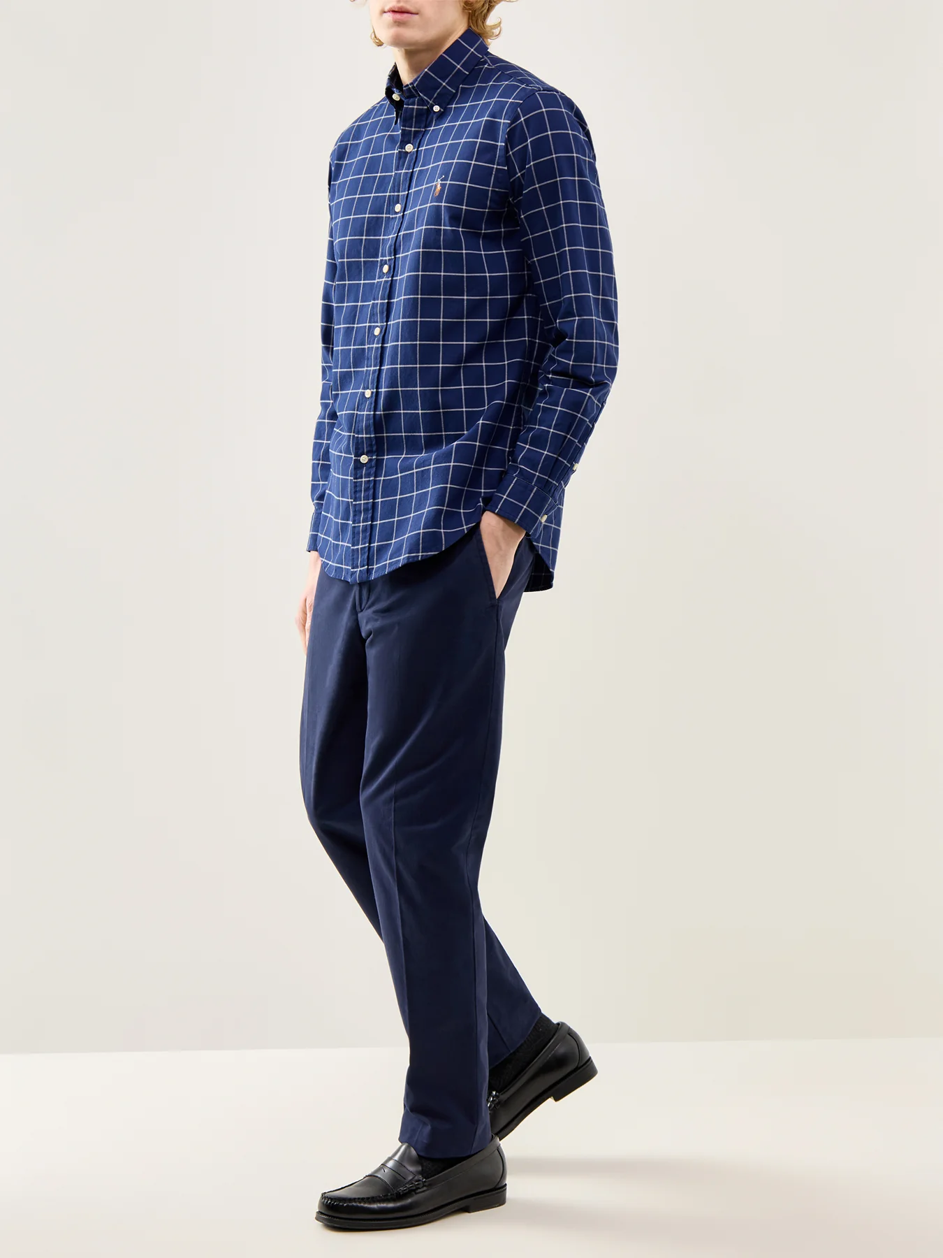 Custom Fit Oxford Windowpane Check Shirt Navy White - Image 2