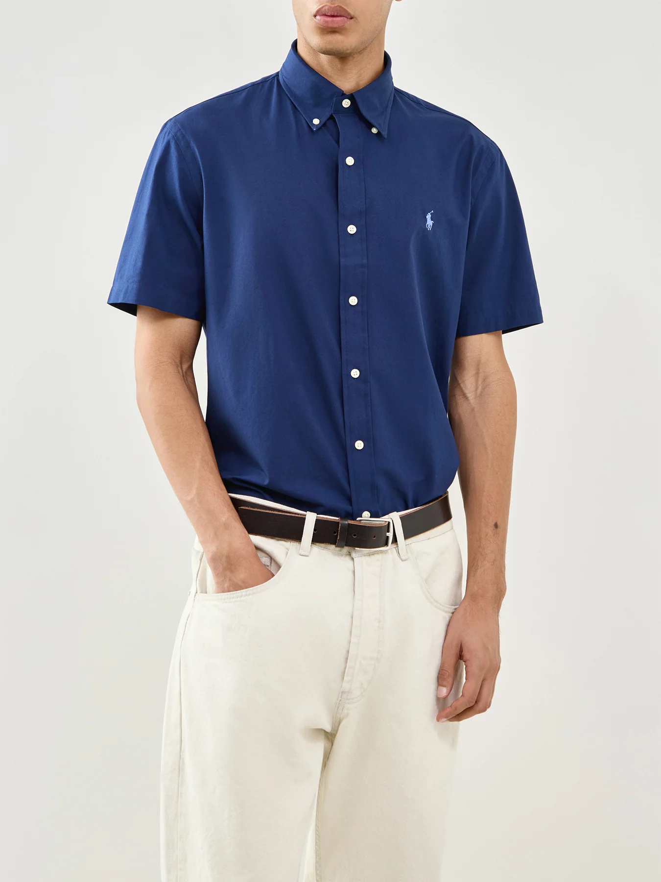 Custom Fit Poplin Stretch Short Sleeve Shirt Navy - Image 4