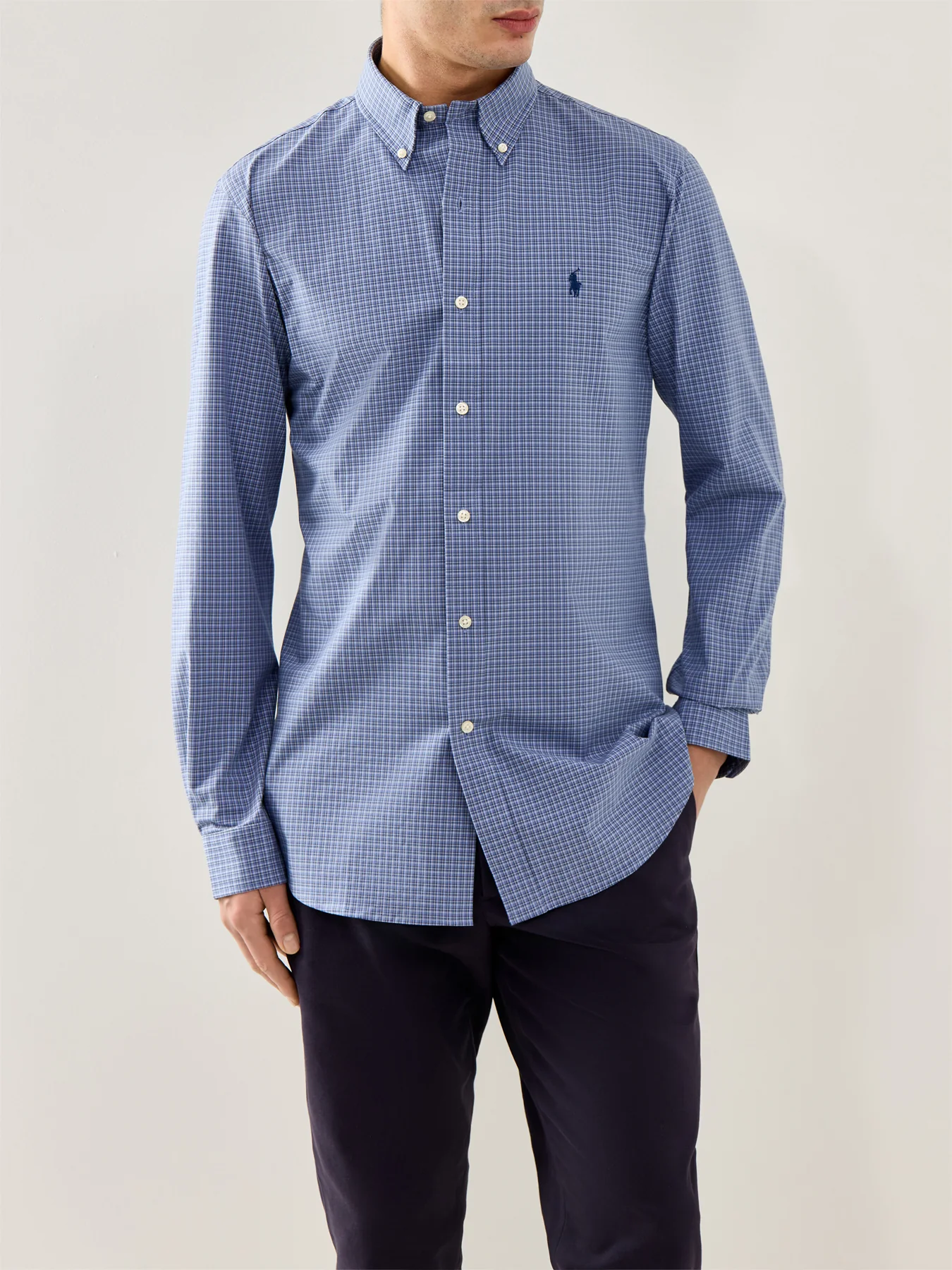 Custom Fit Stretch Poplin Check Shirt Blue - Image 3