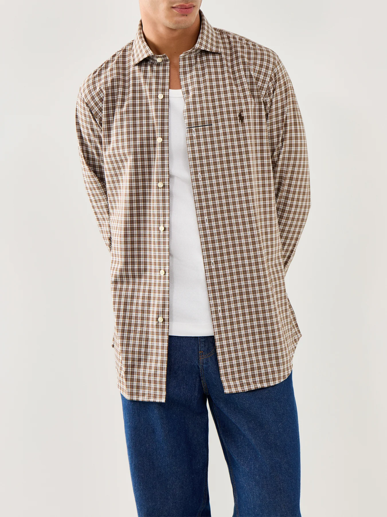 Custom Fit Stretch Poplin Check Shirt Brown - Image 4