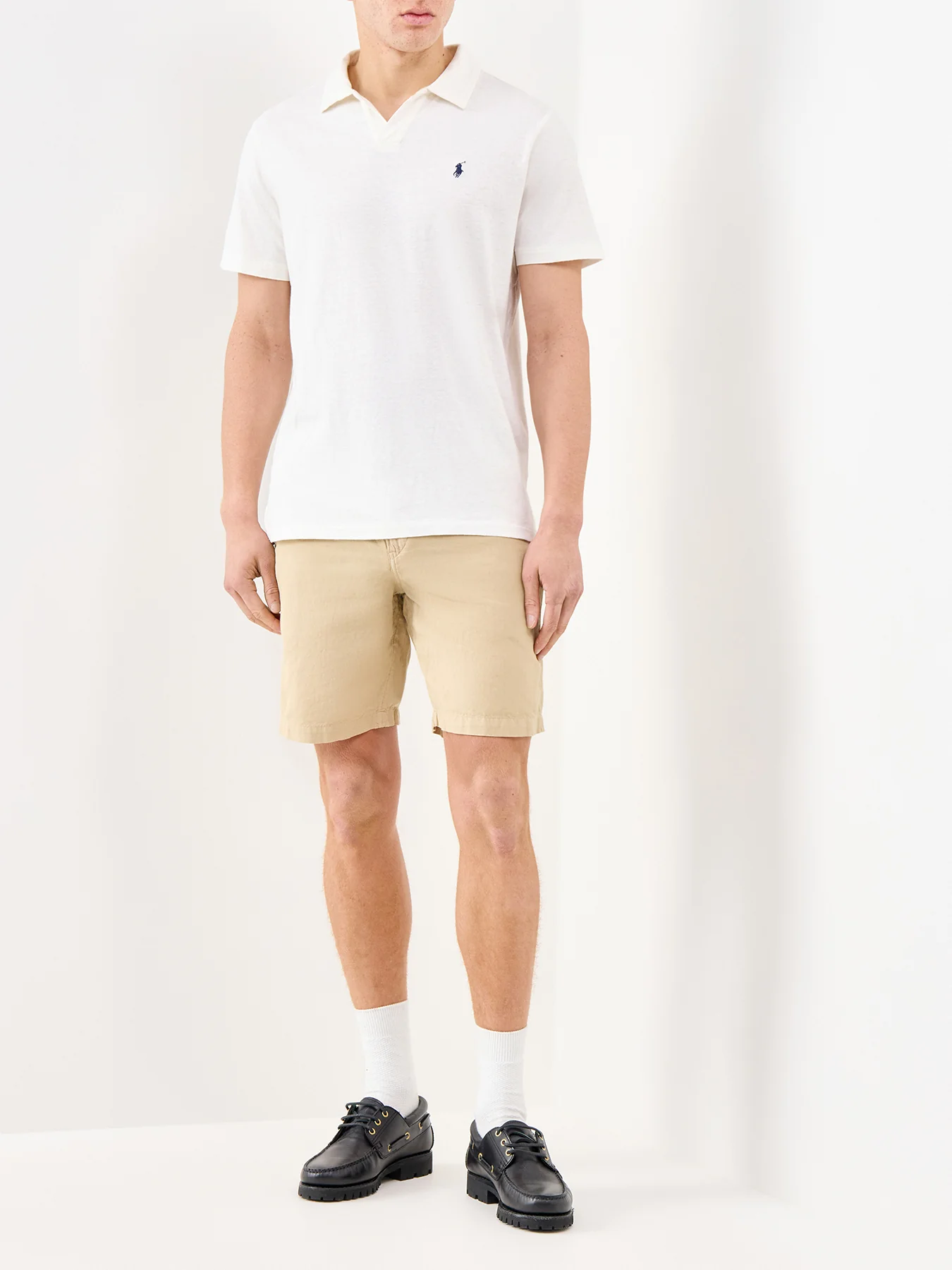 Open Neck Linen Polo Shirt Cream - Image 2