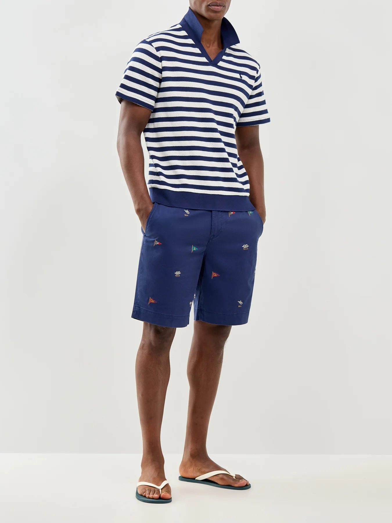 Open Neck Stripe Polo Navy - Image 2