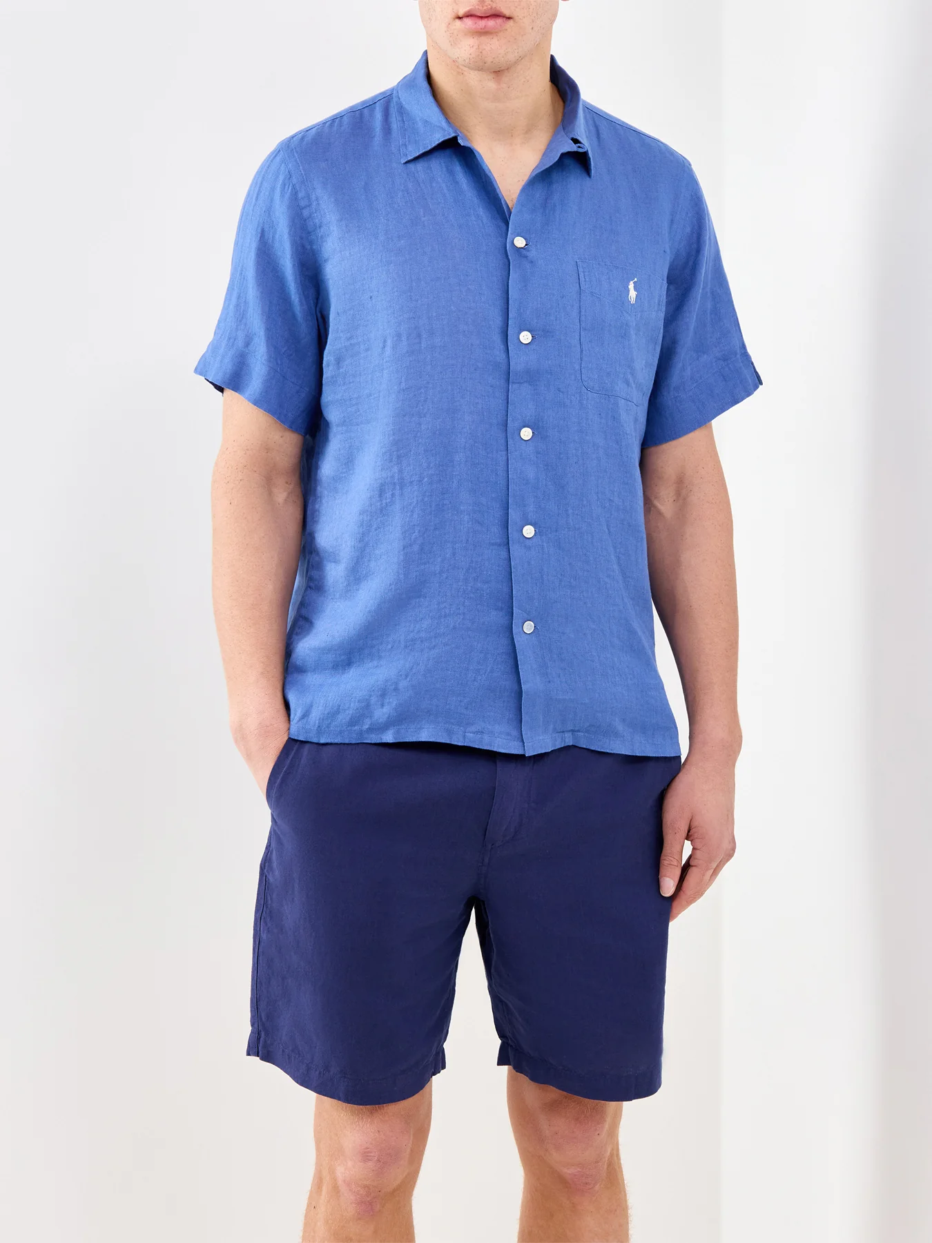 Open Collar Linen Shirt Blue - Image 4