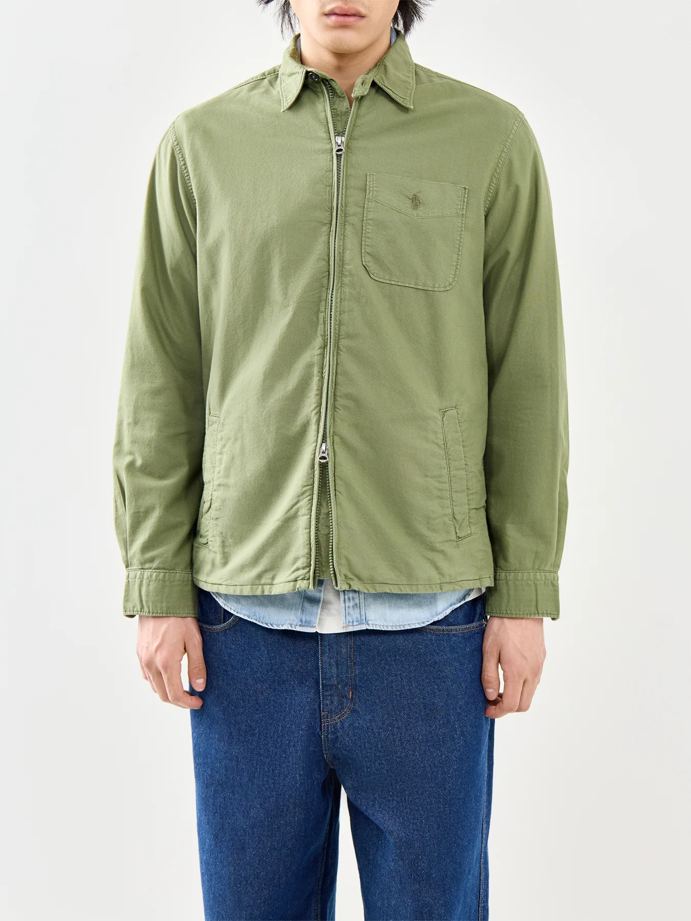 Zip Up Oxford Overshirt Olive - Image 4