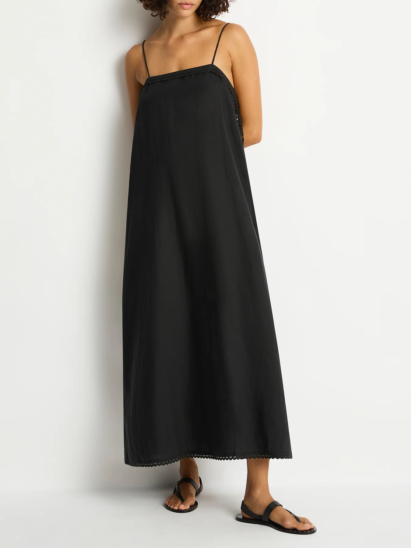 Linen Blend Lace Maxi Dress Black