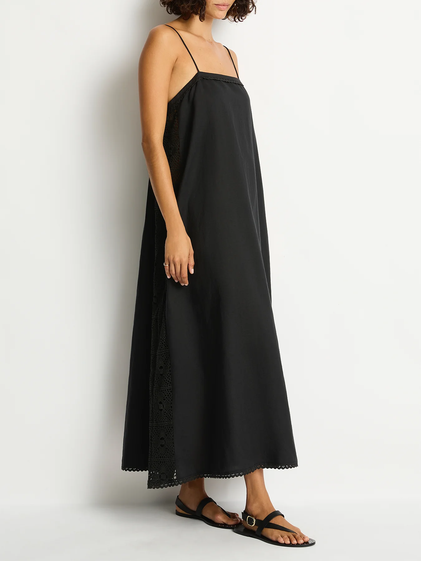 Linen Blend Lace Maxi Dress Black - Image 3