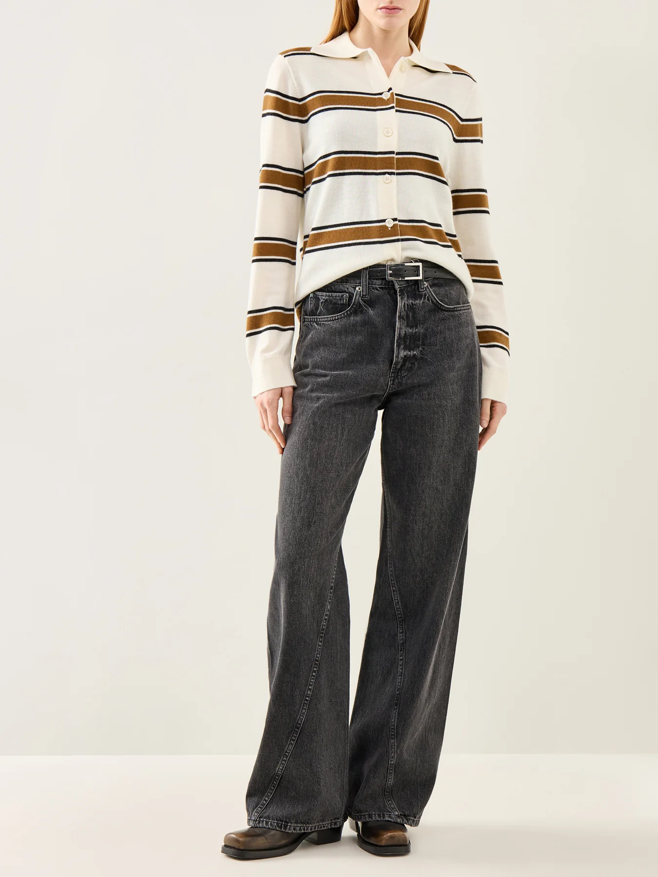 Thea Long Sleeve Knit Button Collar Top Cream - Image 2
