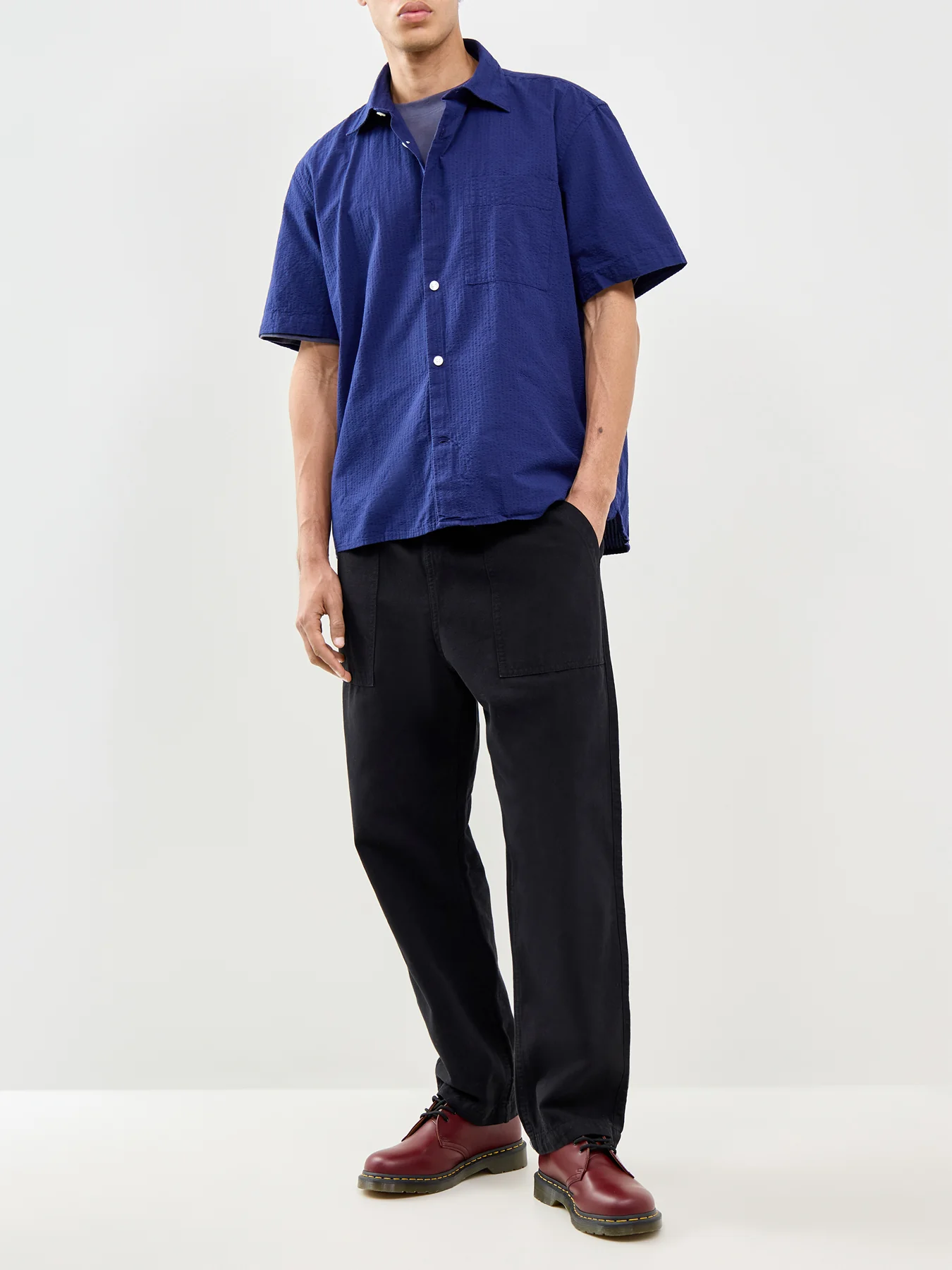 Slhrlxstuart Seersucker Short Sleeve Shirt Navy - Image 2