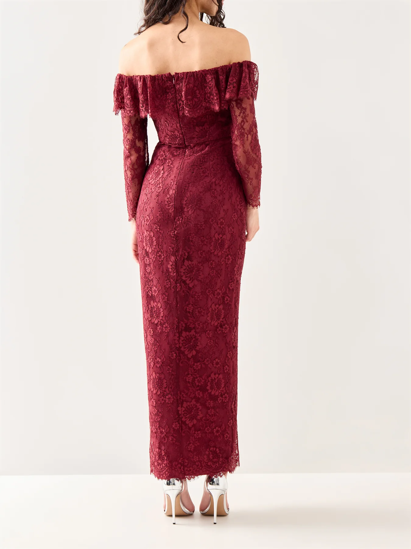 Burgundy Off Shoulder Gathered Lace Maxi Dress - Image 5