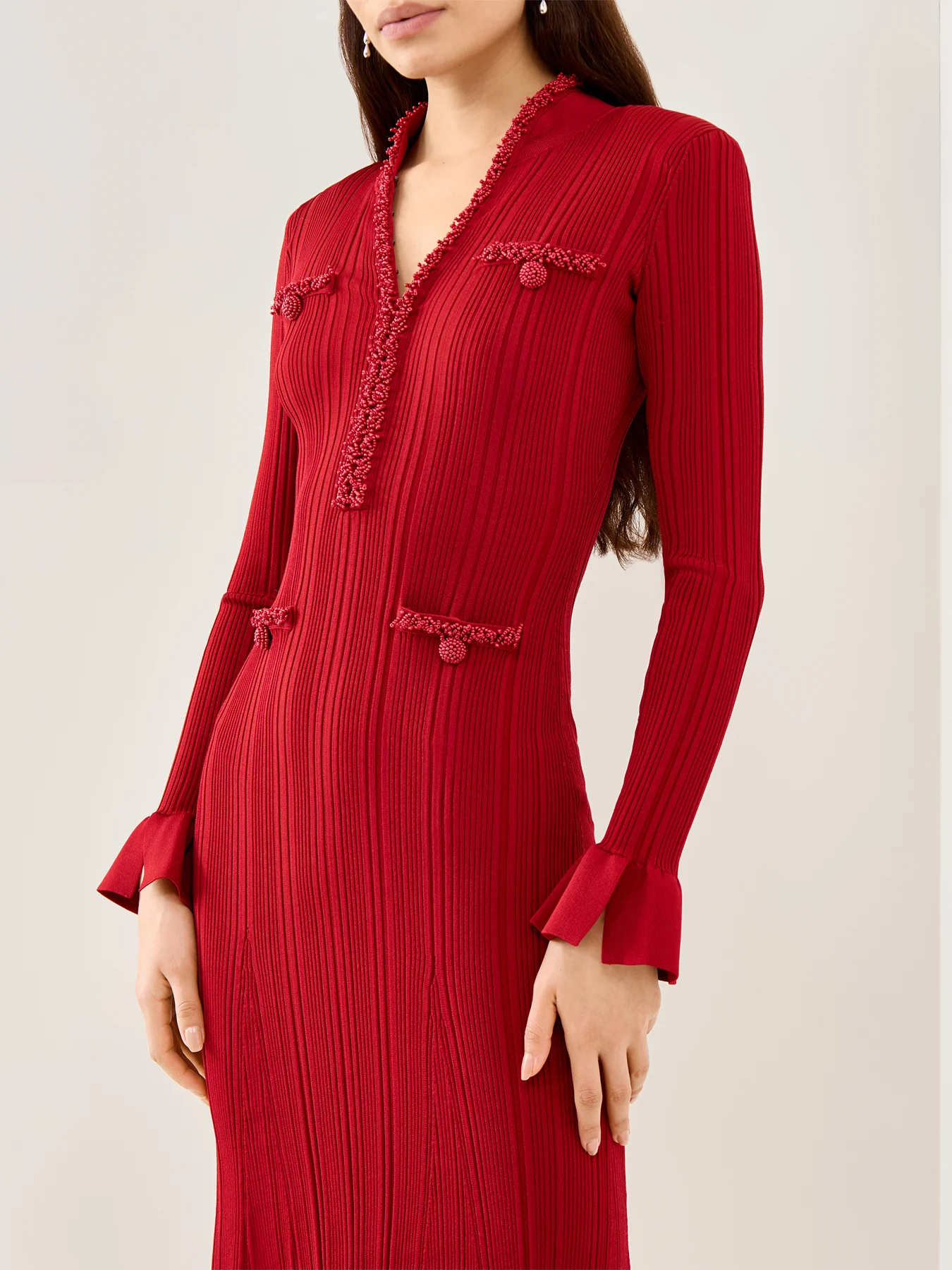 Red Pearl Trim Knit Midi Dress Red - Image 3