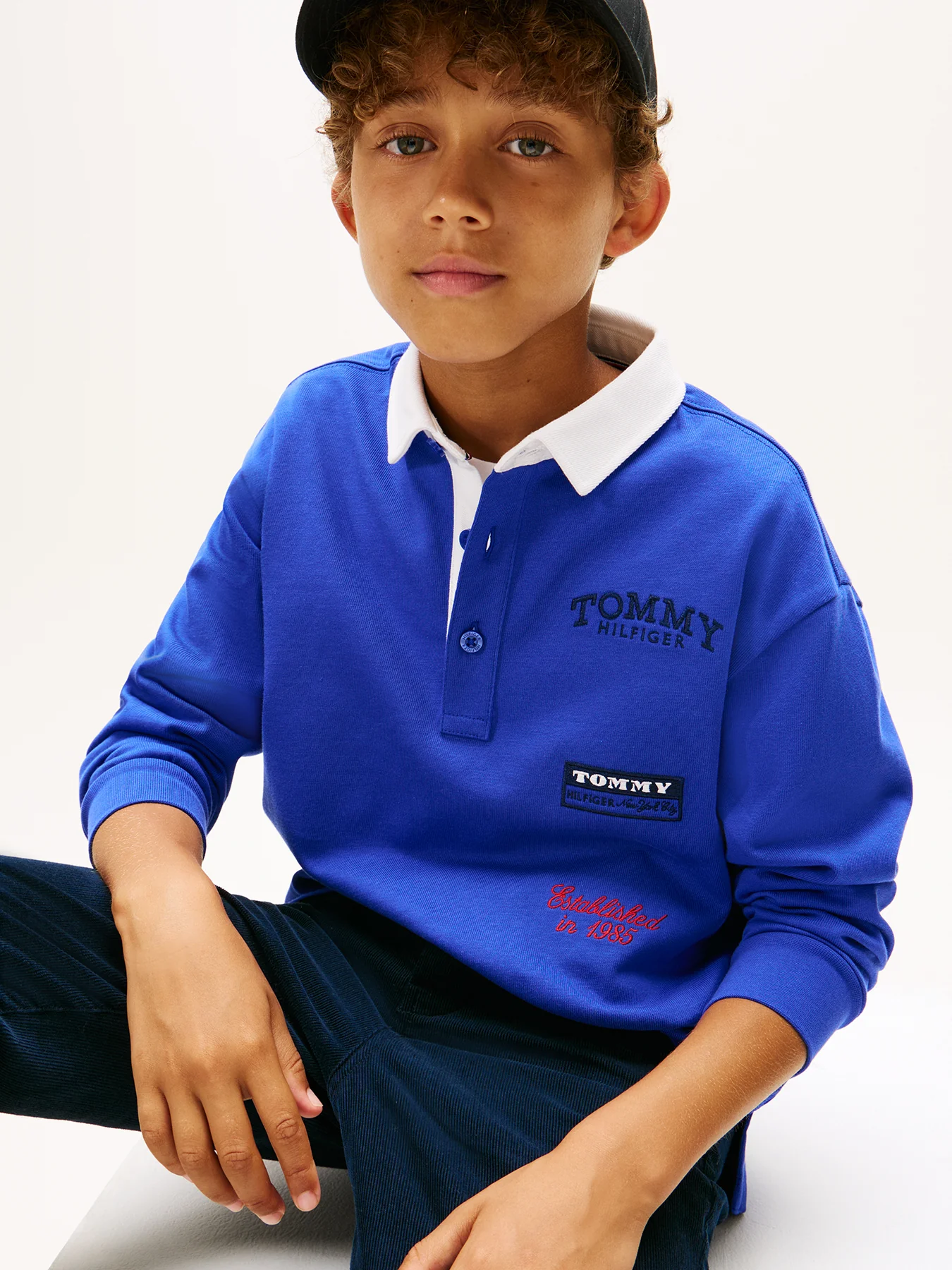 Kids’ Logo Embroidery Long Sleeve Polo Shirt Blue - Image 5