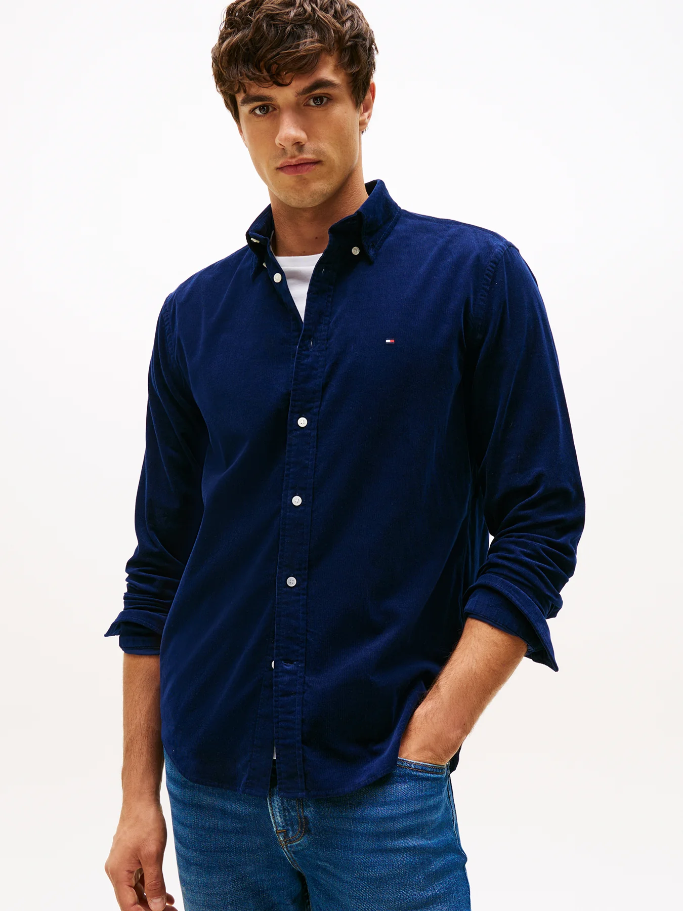 Regular Fit Flag Embroidery Corduroy Shirt Blue - Image 2