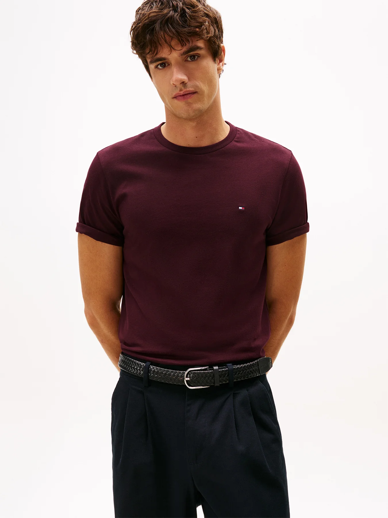 Flag Embroidery Crew Neck T-Shirt Deep Burgundy - Image 4