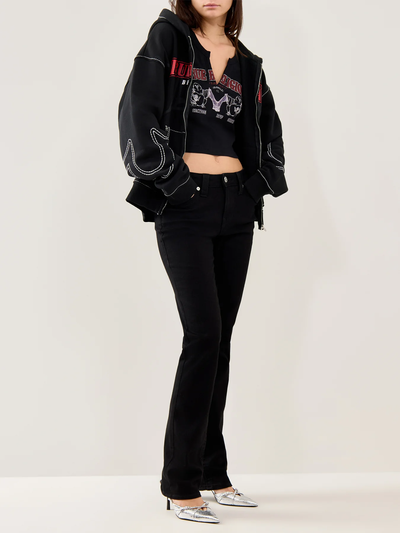 Buddha V-Neck Rib Long Sleeve Top Black - Image 2