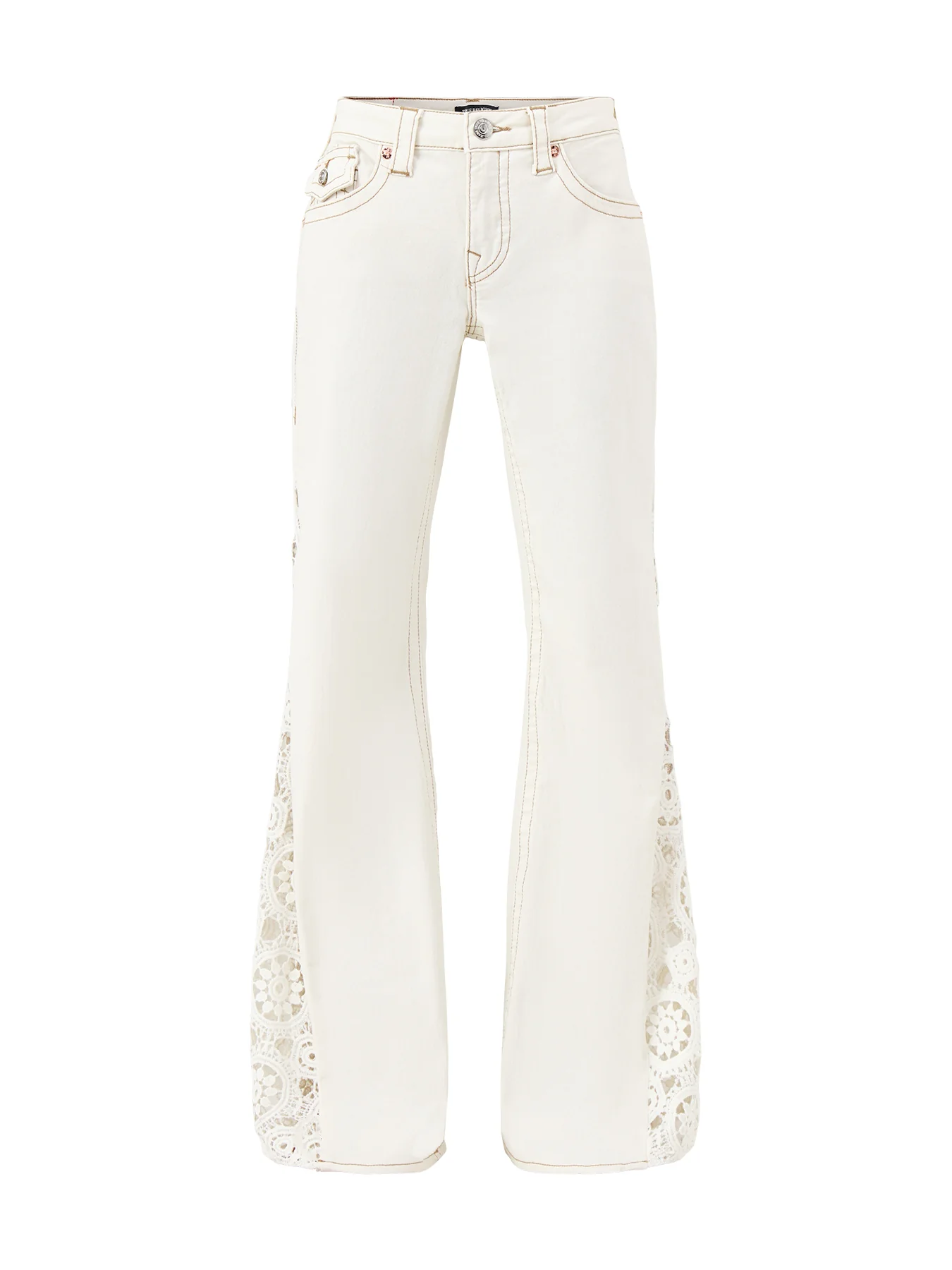 Crochet Mid Rise Flare Flap Jeans White