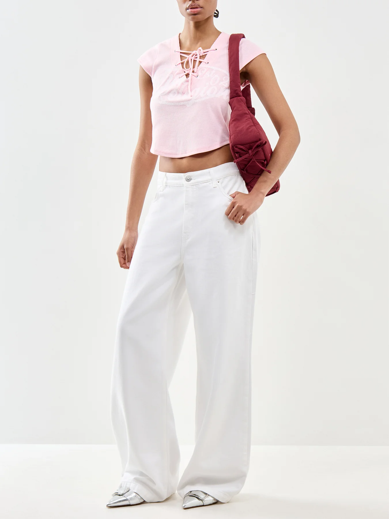 Lace Up Cap Sleeve Rib Top Pink - Image 2