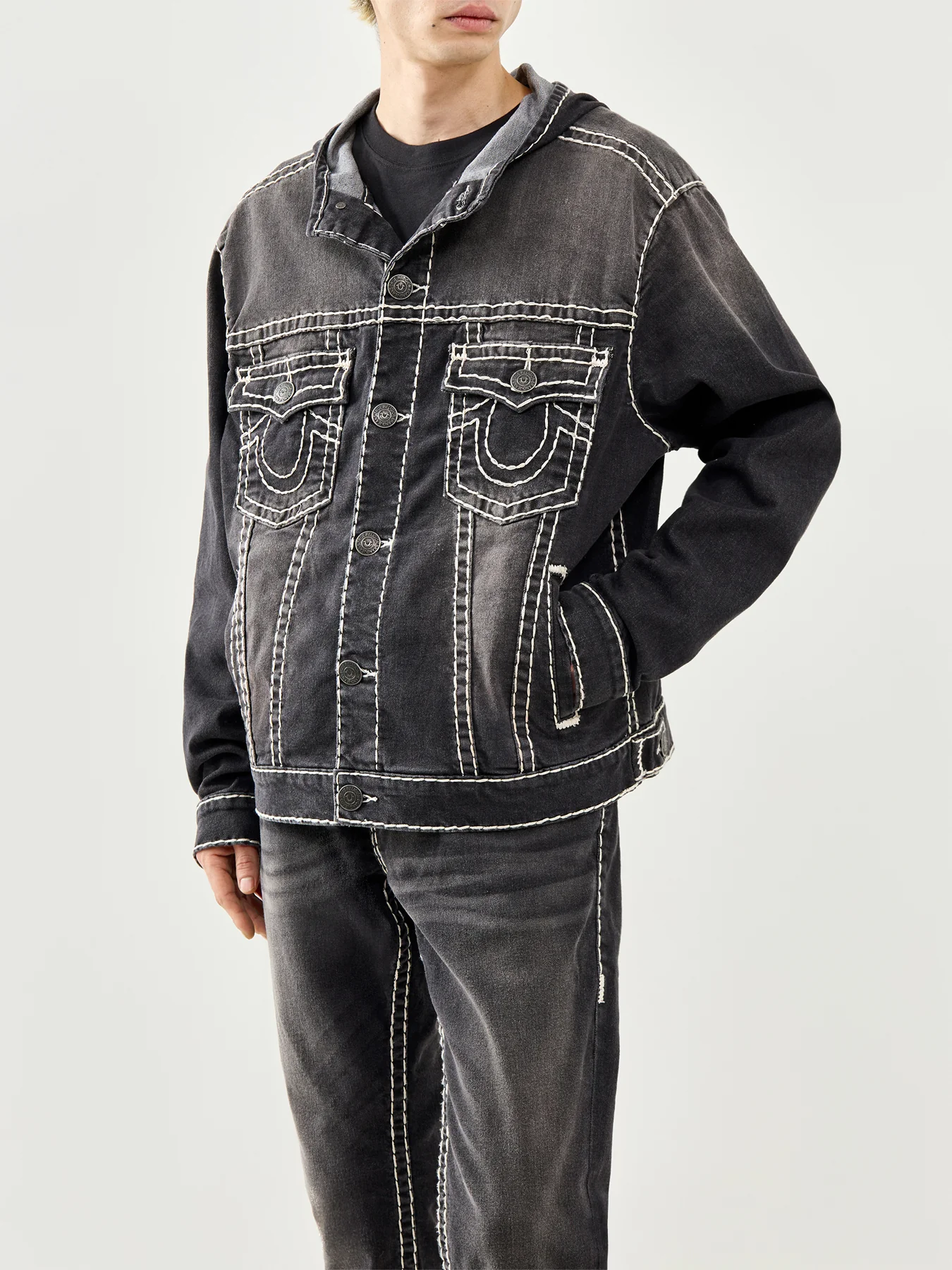 True Religion Super T Hooded Denim Jacket in Black - Image 4