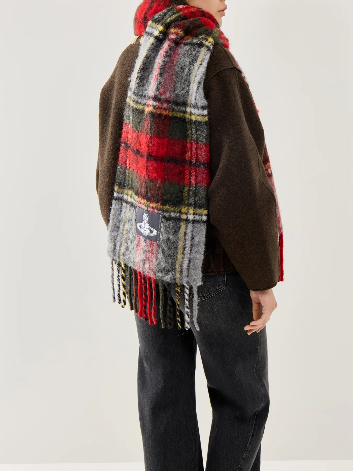 Check Alpaca & Wool Mix Scarf in Red - Image 2