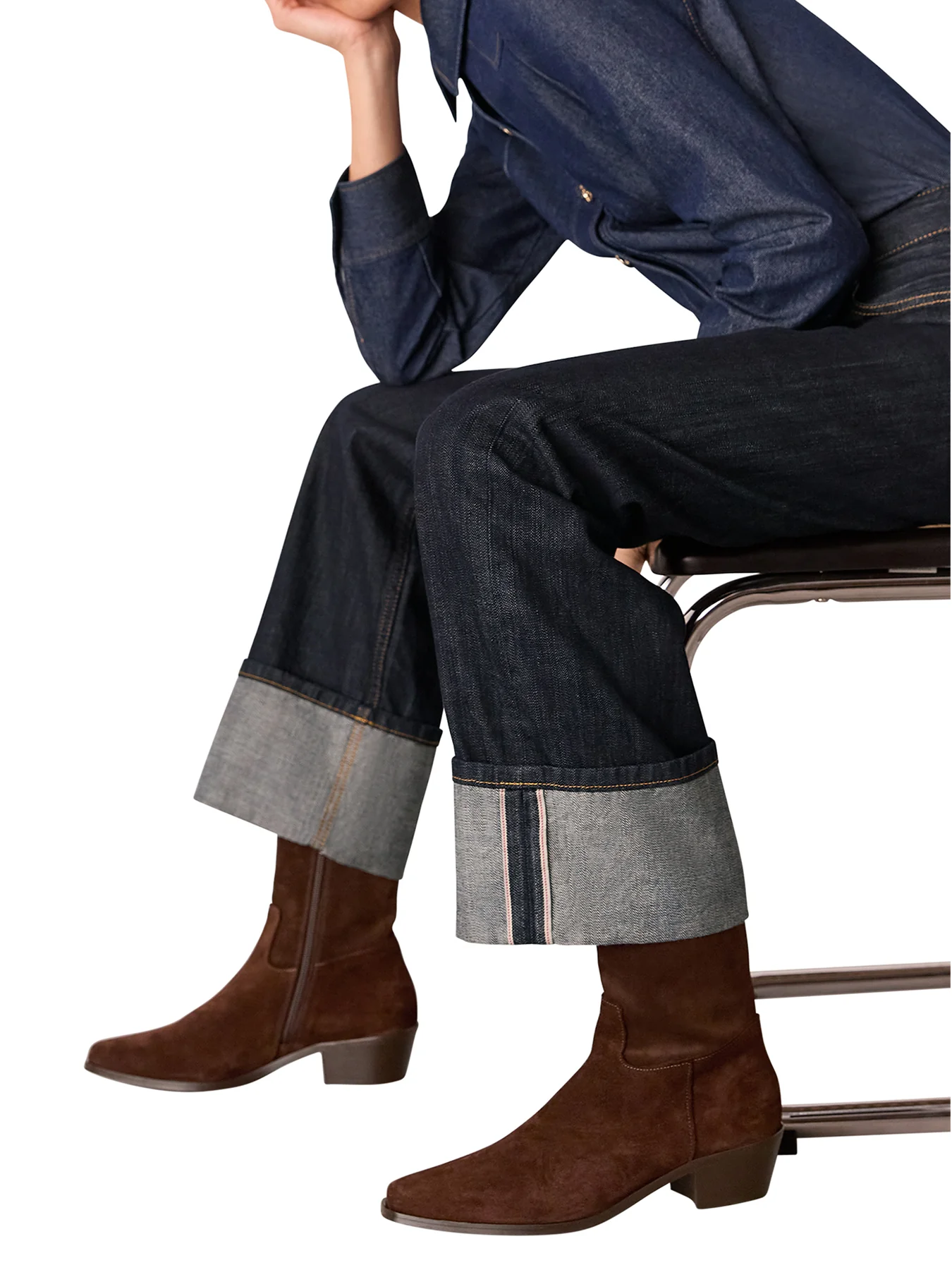 Suede Block Heel Clean Western Ankle Boots Brown - Image 4