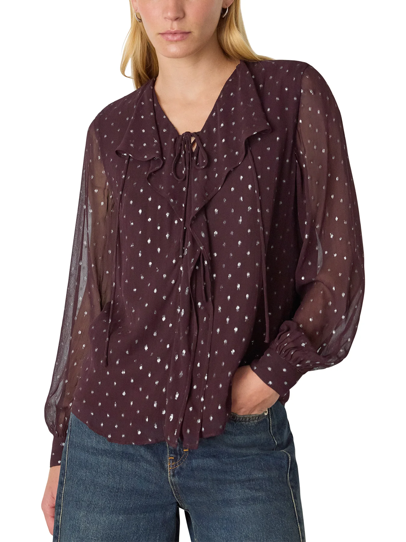 Metallic Dobby Frill Blouse Silver - Image 2