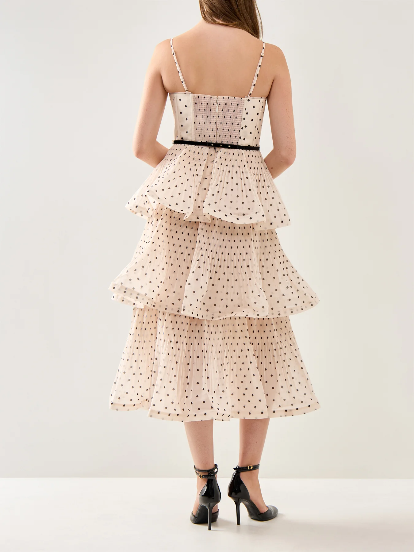 Pleated Tiered Midi Dress Cream Black Polka Dot - Image 5